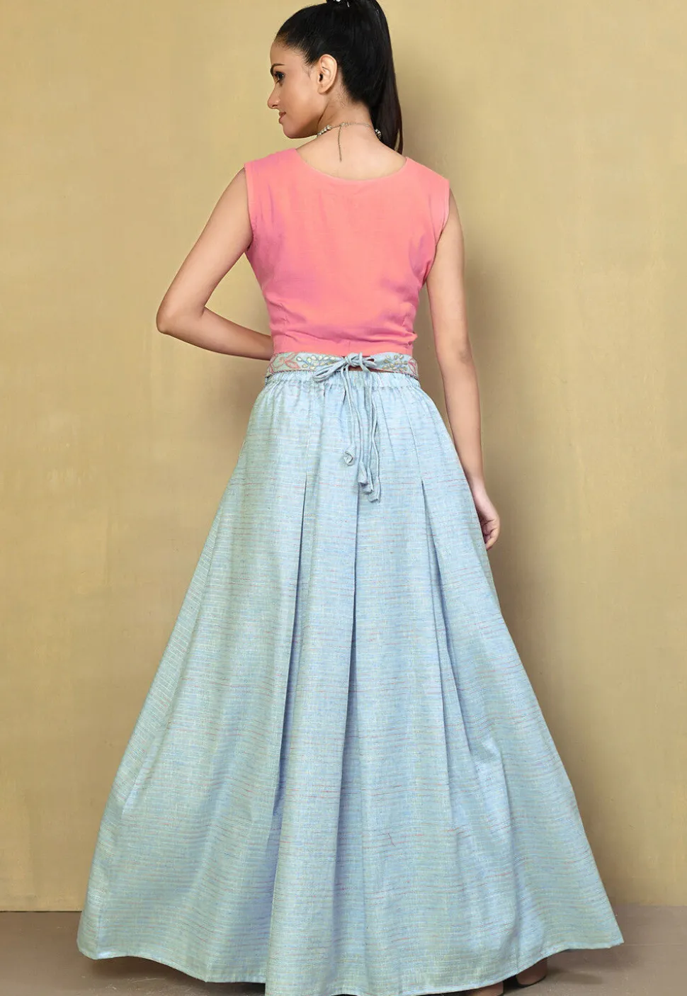 Embroidered Cotton Silk Crop Top Set in Pink
