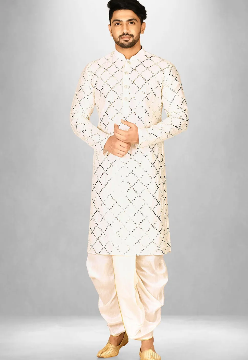 Embroidered Cotton Silk Dhoti Kurta in Off White
