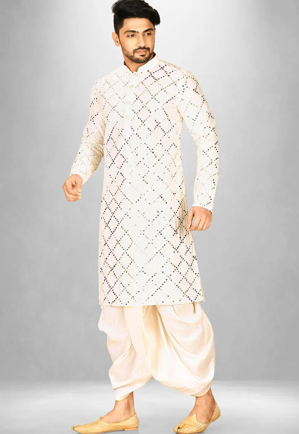 Embroidered Cotton Silk Dhoti Kurta in Off White