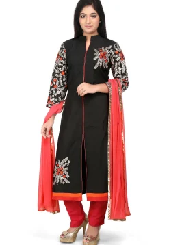 Embroidered Cotton Silk Front Slit Pakistani Suit in Black
