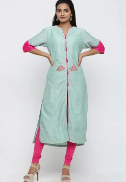 Embroidered Cotton Silk Front Slit Kurta in Sea Green