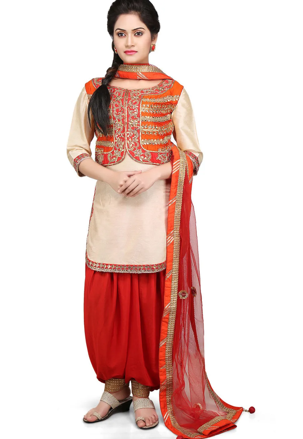 Embroidered Cotton Silk Jacket Style Punjabi Suit in Beige