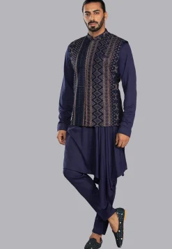 Embroidered Cotton Silk Kurta Set in Navy Blue