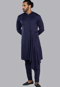 Embroidered Cotton Silk Kurta Set in Navy Blue