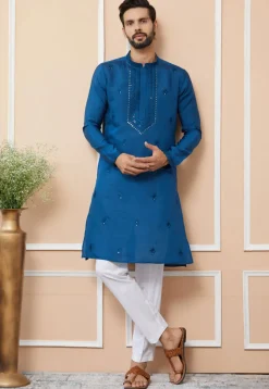 Embroidered Cotton Silk Kurta Set in Royal Blue