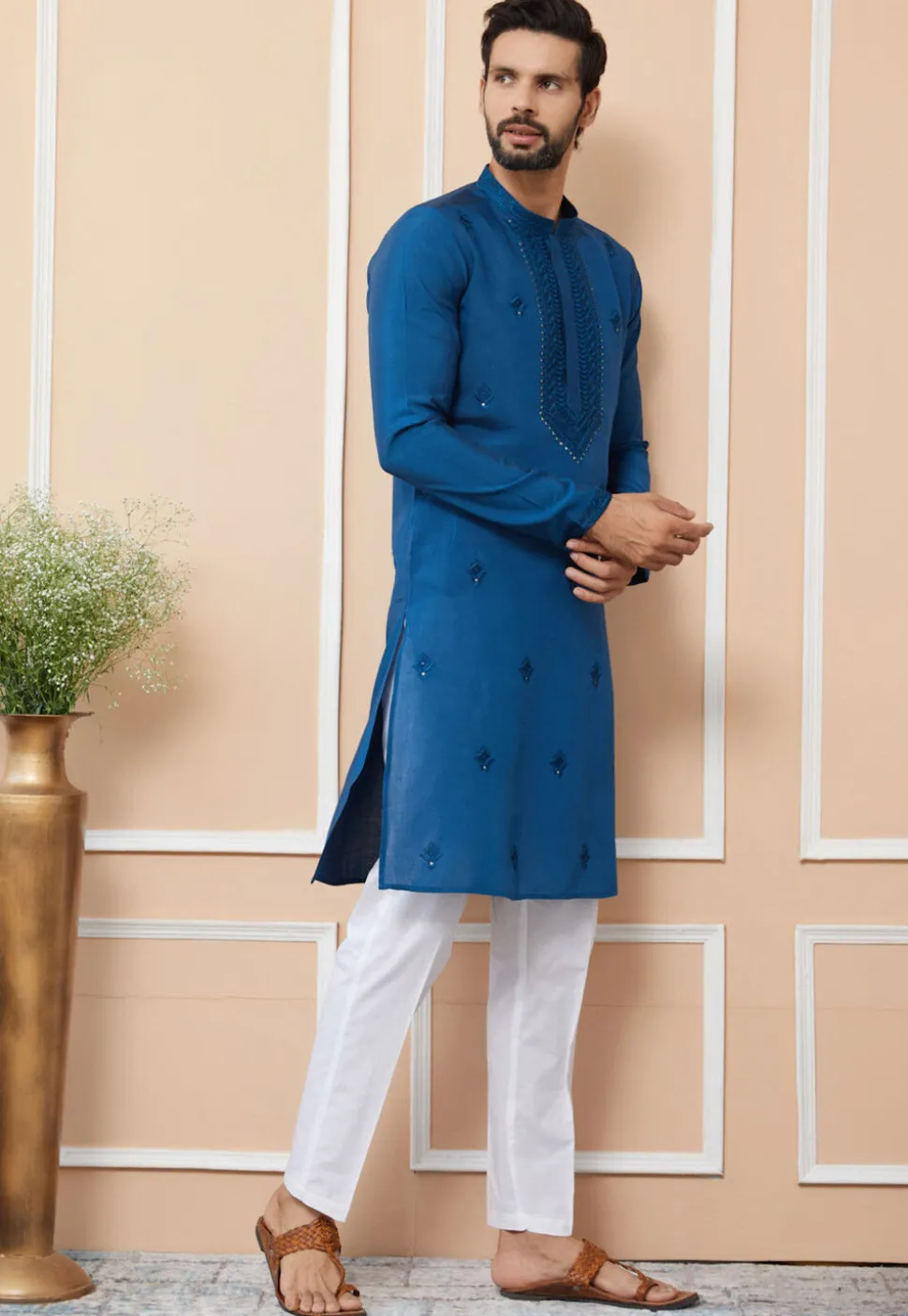 Embroidered Cotton Silk Kurta Set in Royal Blue