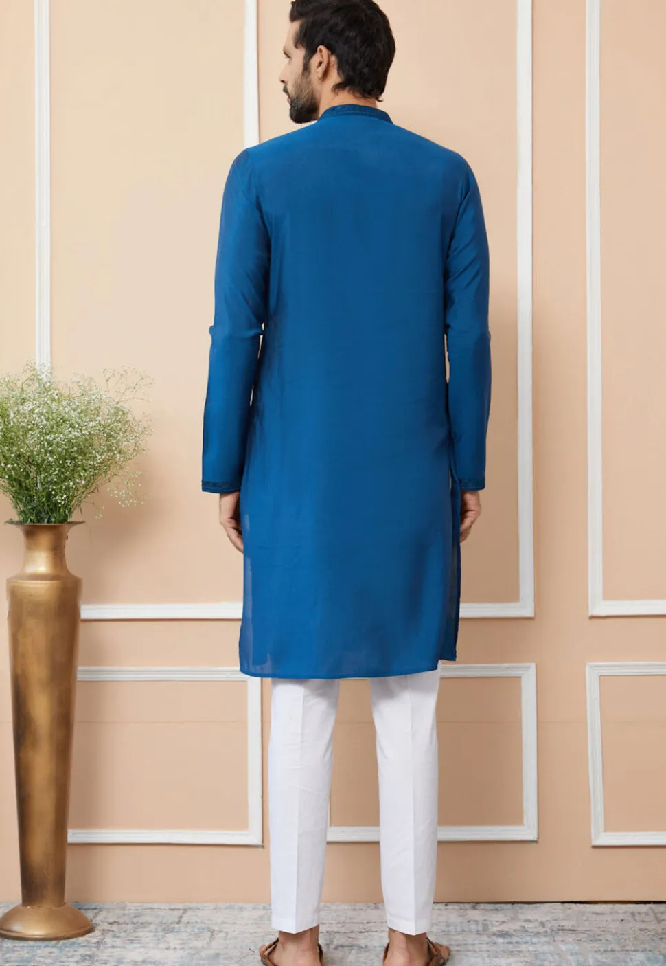 Embroidered Cotton Silk Kurta Set in Royal Blue