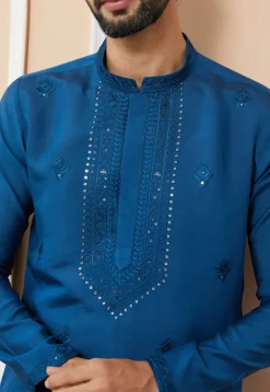 Embroidered Cotton Silk Kurta Set in Royal Blue