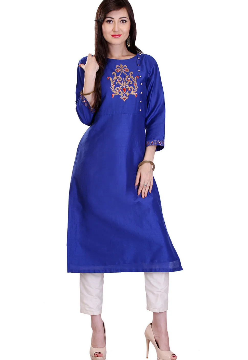 Embroidered Cotton Silk Kurta in Royal Blue