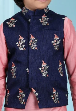 Embroidered Cotton Silk Kurta Jacket Set in Pink
