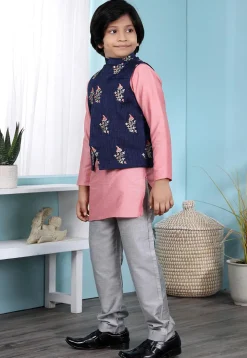 Embroidered Cotton Silk Kurta Jacket Set in Pink
