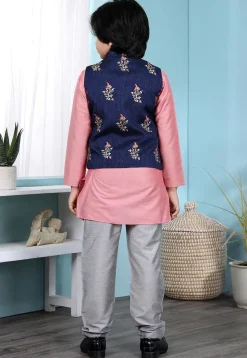 Embroidered Cotton Silk Kurta Jacket Set in Pink