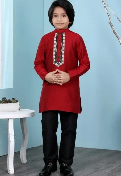 Embroidered Cotton Silk Kurta Set in Maroon