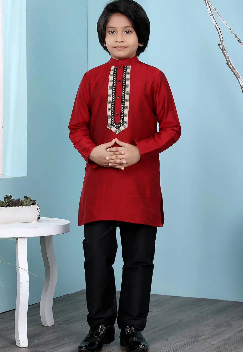 Embroidered Cotton Silk Kurta Set in Maroon
