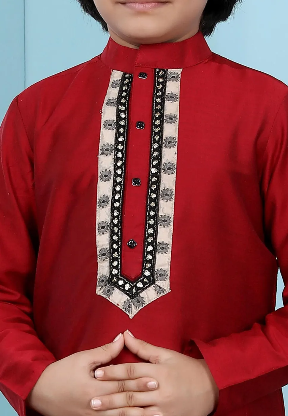 Embroidered Cotton Silk Kurta Set in Maroon
