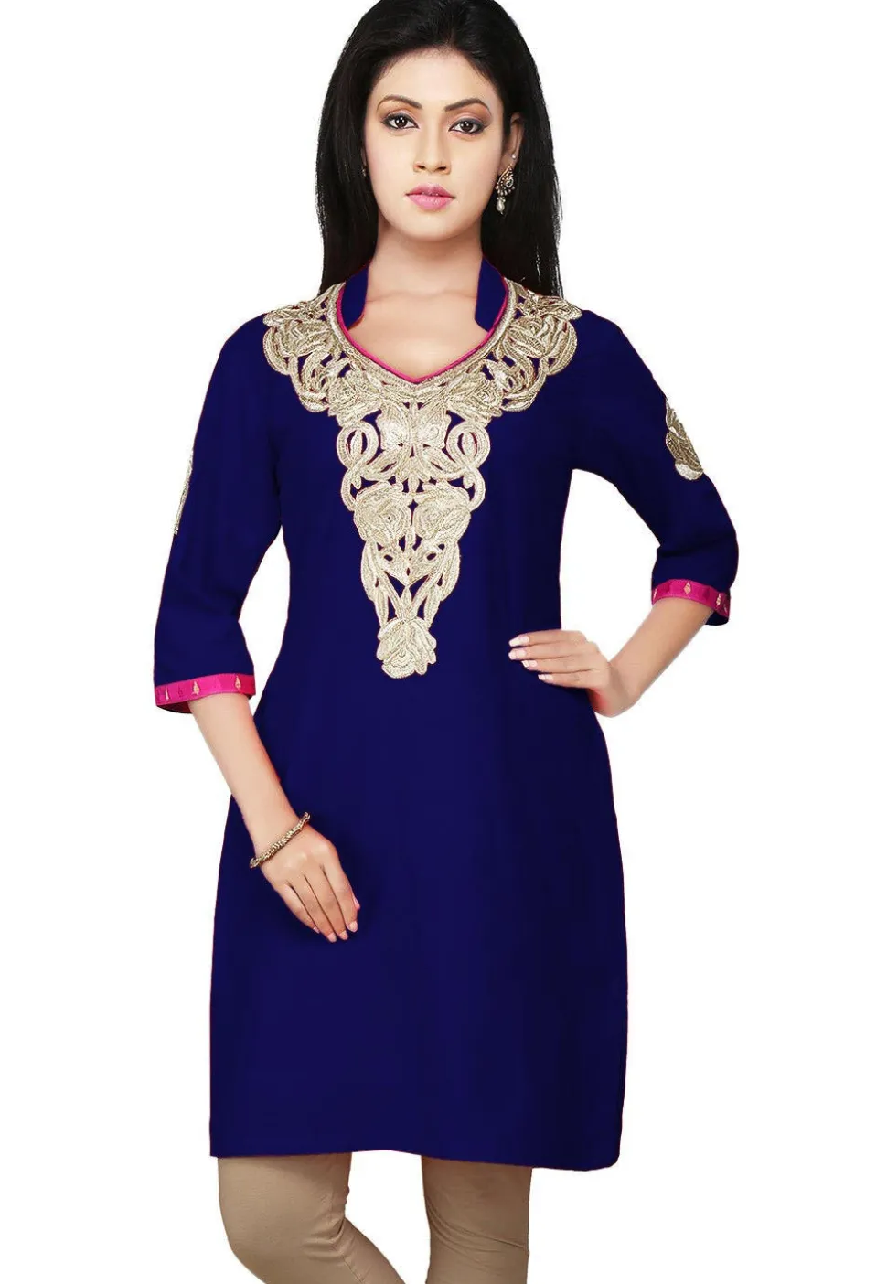 Embroidered Cotton Silk Kurti in Royal Blue