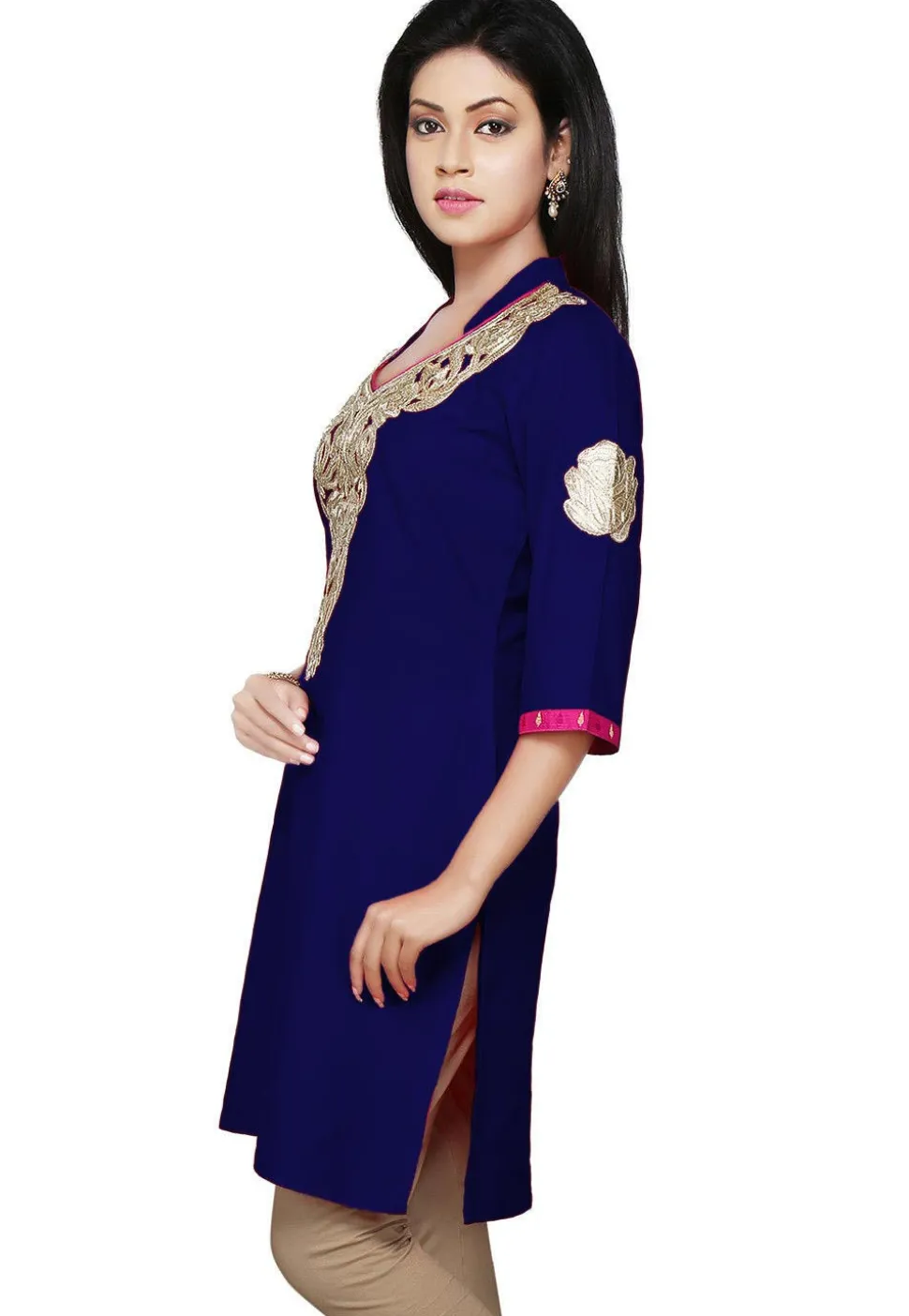 Embroidered Cotton Silk Kurti in Royal Blue