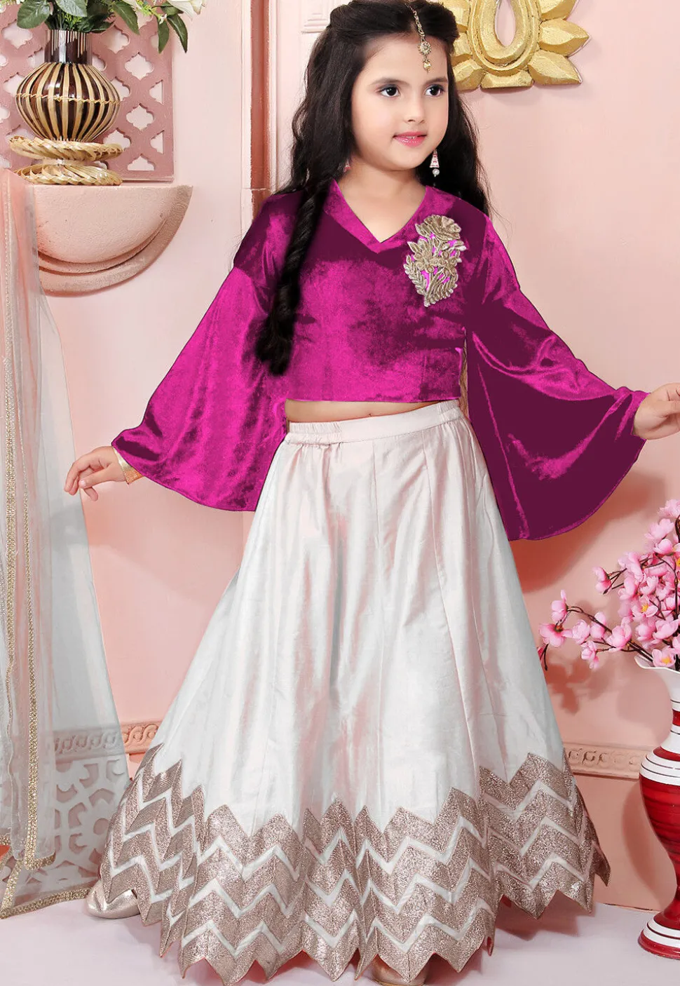 Embroidered Cotton Silk Lehenga in Off White