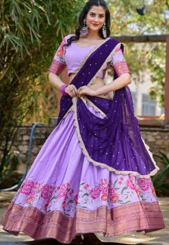 Embroidered Cotton Silk Lehenga in Purple
