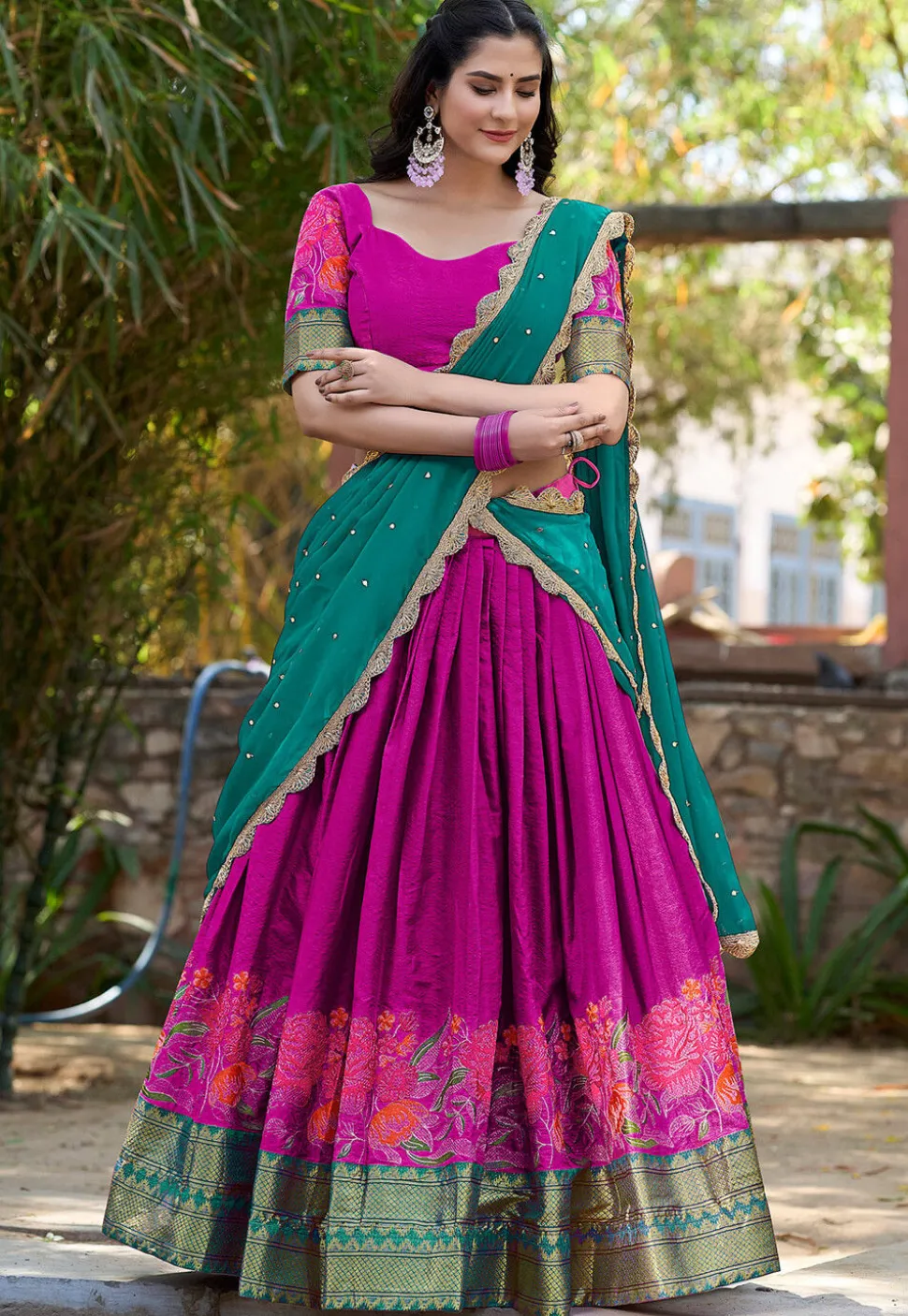 Embroidered Cotton Silk Lehenga in Fuchsia
