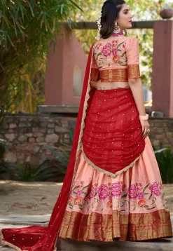 Embroidered Cotton Silk Lehenga in Peach