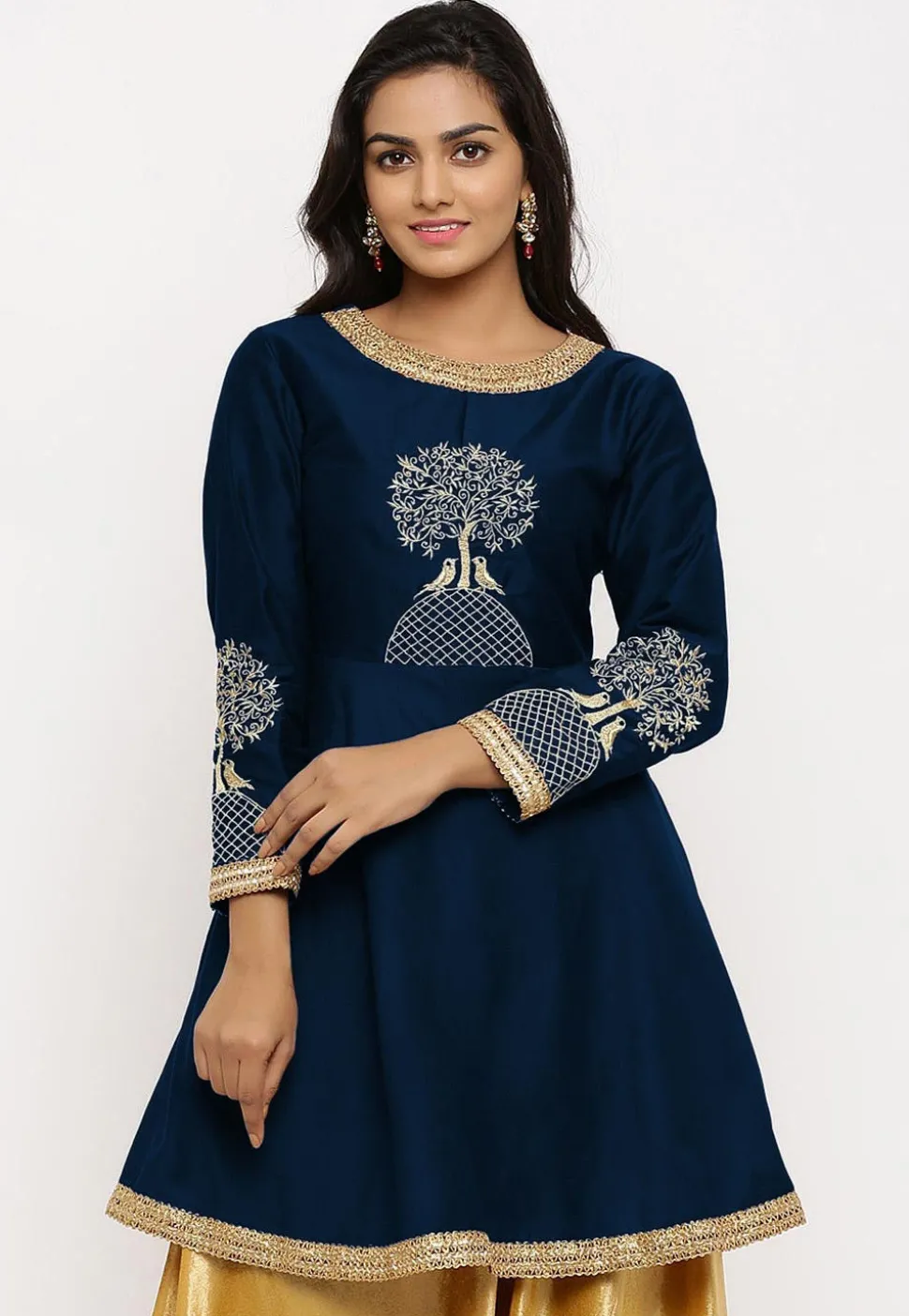 Embroidered Cotton Silk Peplum Style Kurta in Dark Blue