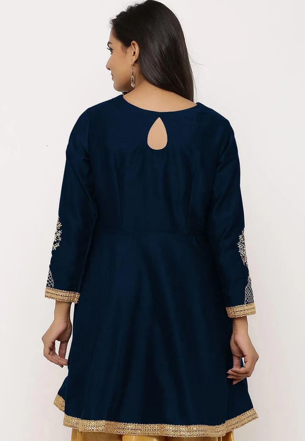 Embroidered Cotton Silk Peplum Style Kurta in Dark Blue