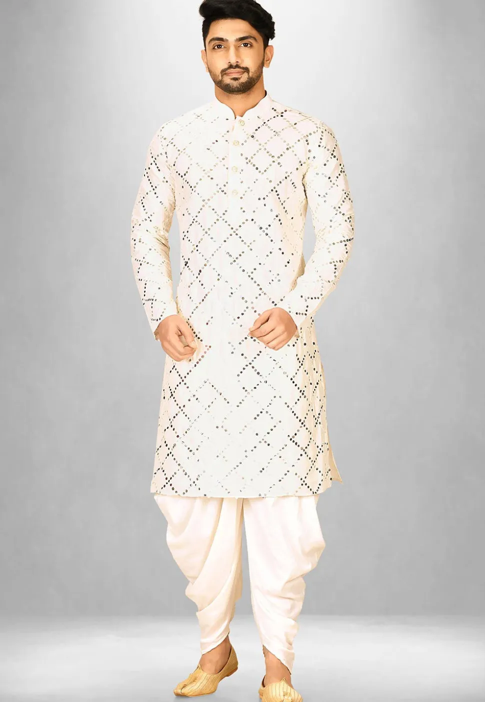 Embroidered Cotton Silk Patiala Kurta in Cream