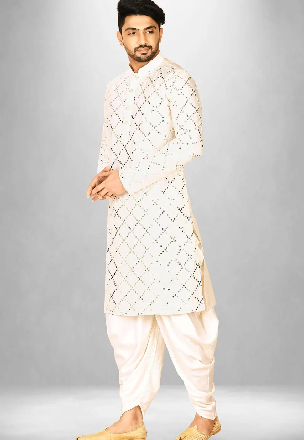 Embroidered Cotton Silk Patiala Kurta in Cream