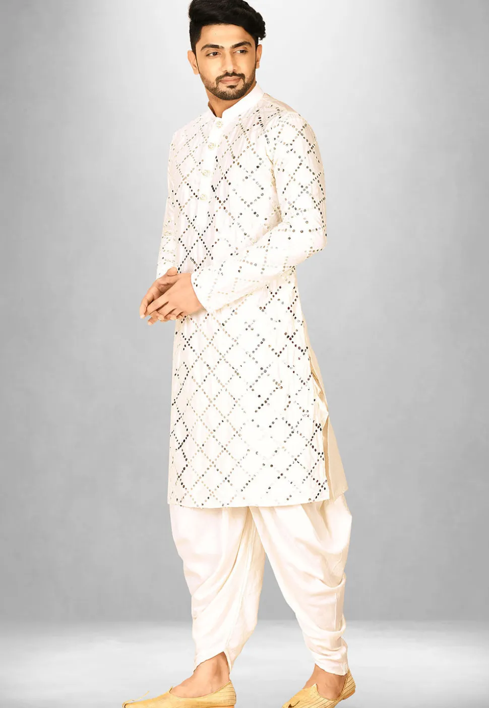 Embroidered Cotton Silk Patiala Kurta in Cream