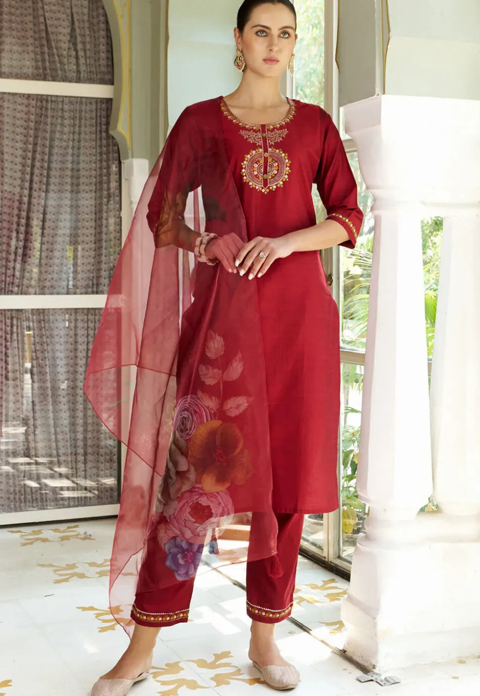 Embroidered Cotton Silk Pakistani Suit in Maroon