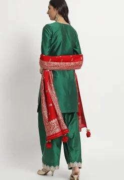 Embroidered Cotton Silk Punjabi Suit in Dark Green