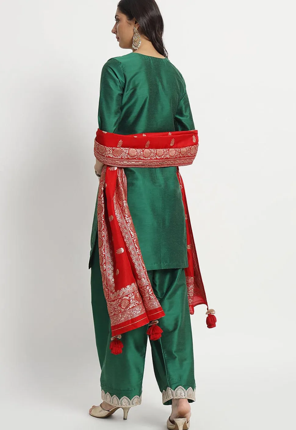Embroidered Cotton Silk Punjabi Suit in Dark Green