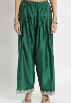 Embroidered Cotton Silk Punjabi Suit in Dark Green