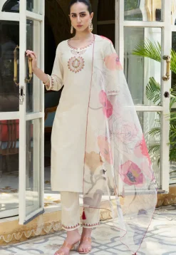 Embroidered Cotton Silk Pakistani Suit in Off White