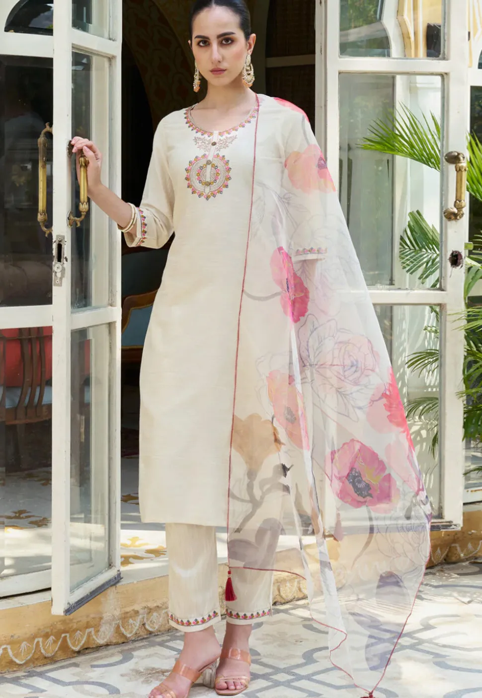 Embroidered Cotton Silk Pakistani Suit in Off White