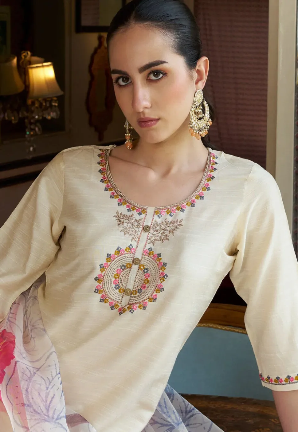 Embroidered Cotton Silk Pakistani Suit in Off White