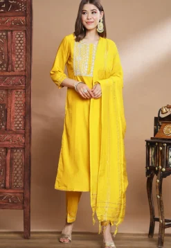 Embroidered Cotton Silk Pakistani Suit in Yellow
