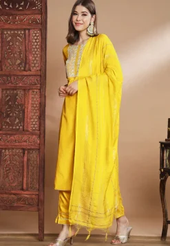 Embroidered Cotton Silk Pakistani Suit in Yellow