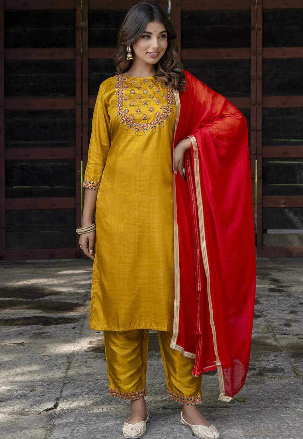 Embroidered Cotton Silk Pakistani Suit in Mustard