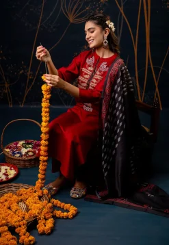 Embroidered Cotton Silk Pakistani Suit in Maroon