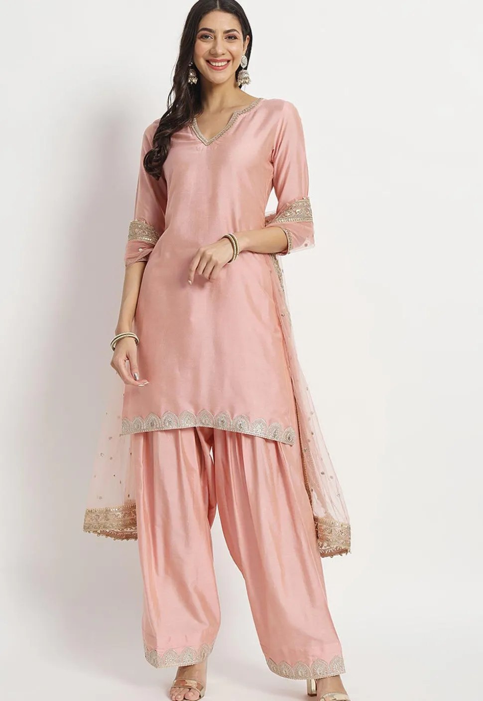Embroidered Cotton Silk Punjabi Suit in Peach