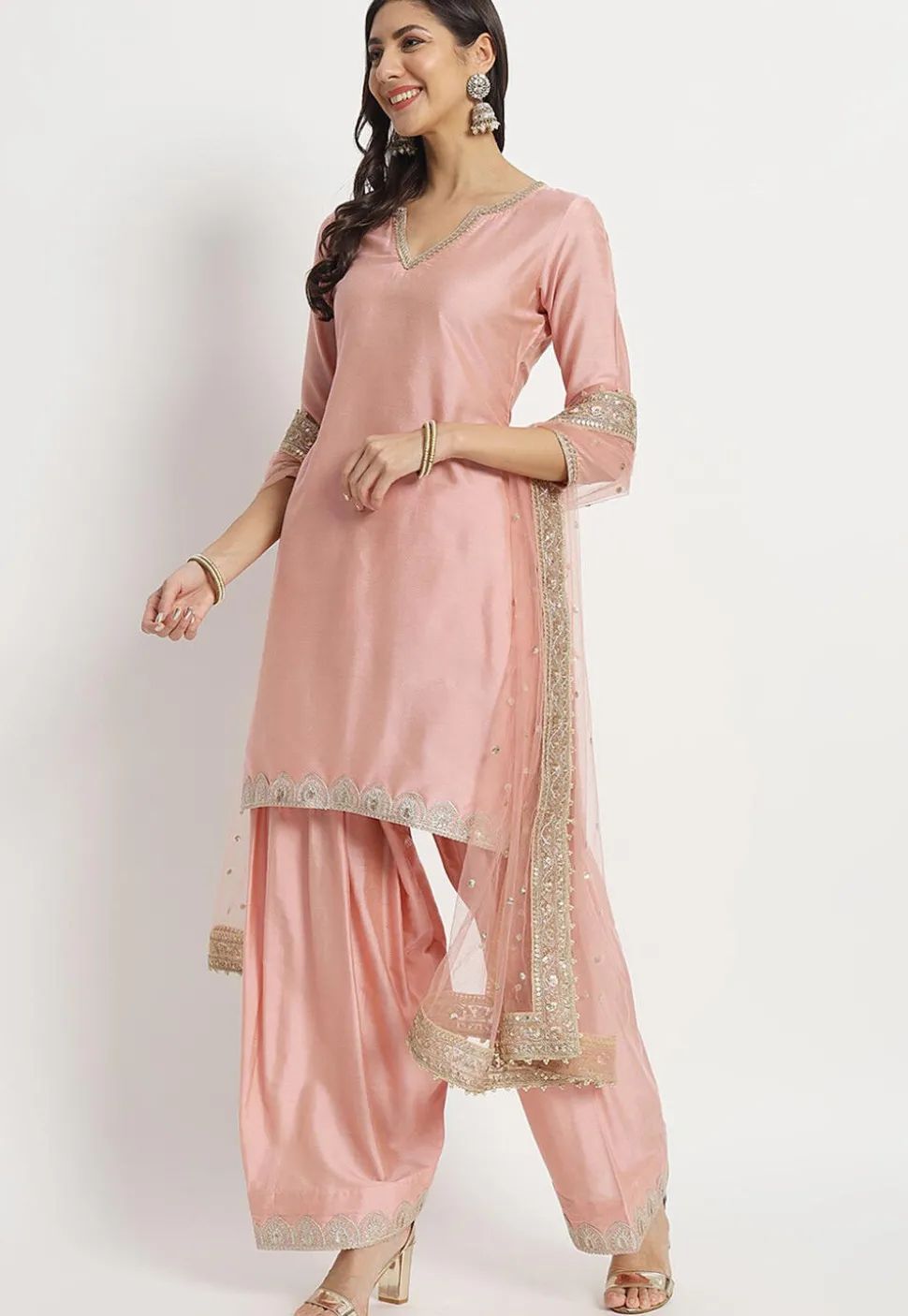 Embroidered Cotton Silk Punjabi Suit in Peach