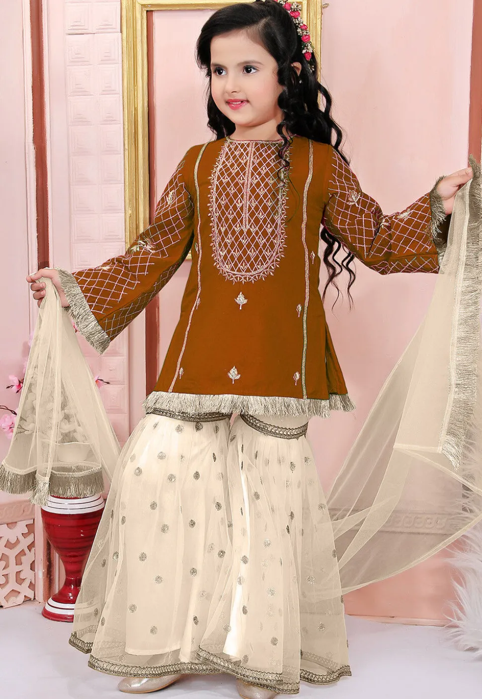 Embroidered Cotton Silk Pakistani Suit in Brown