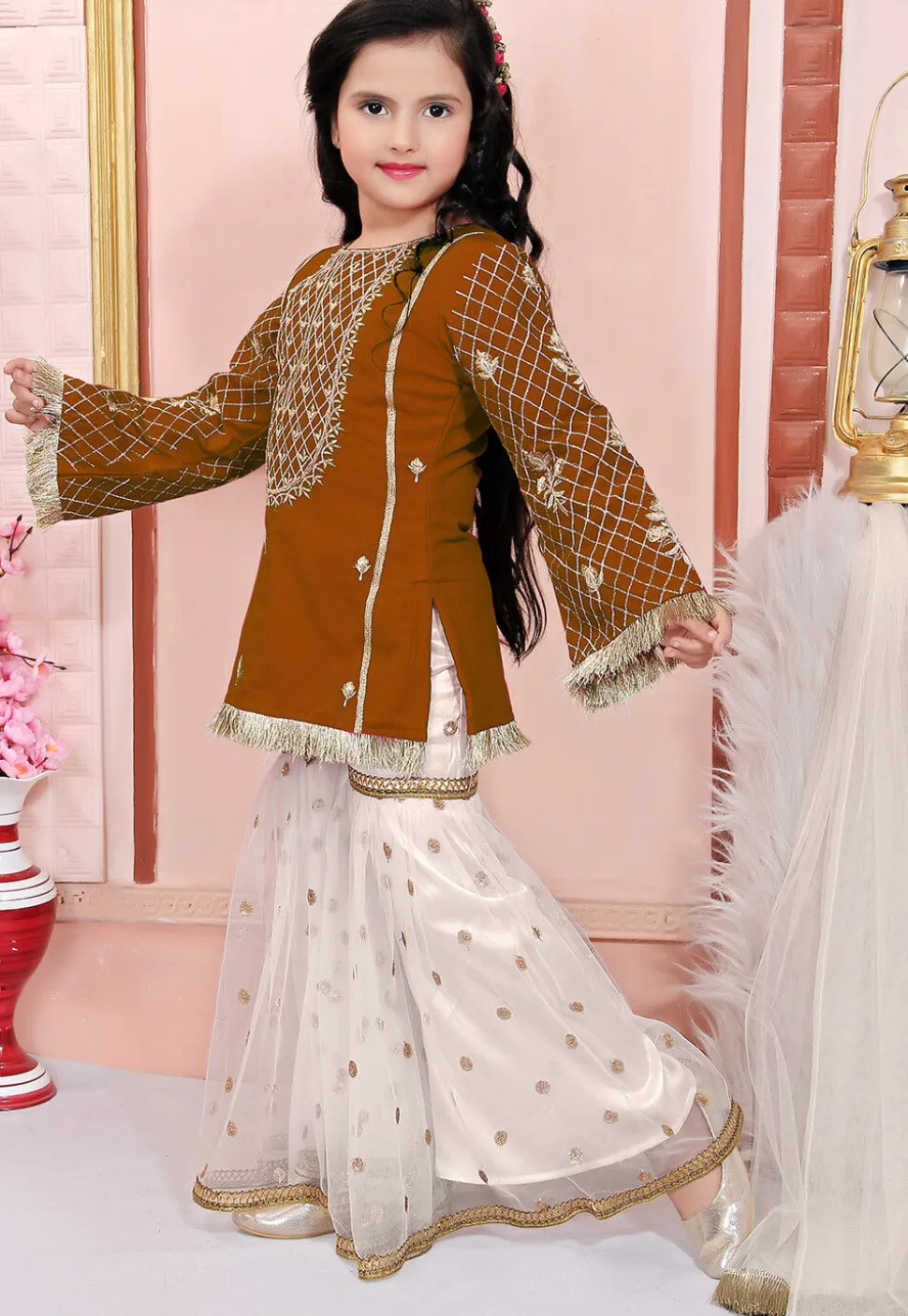 Embroidered Cotton Silk Pakistani Suit in Brown