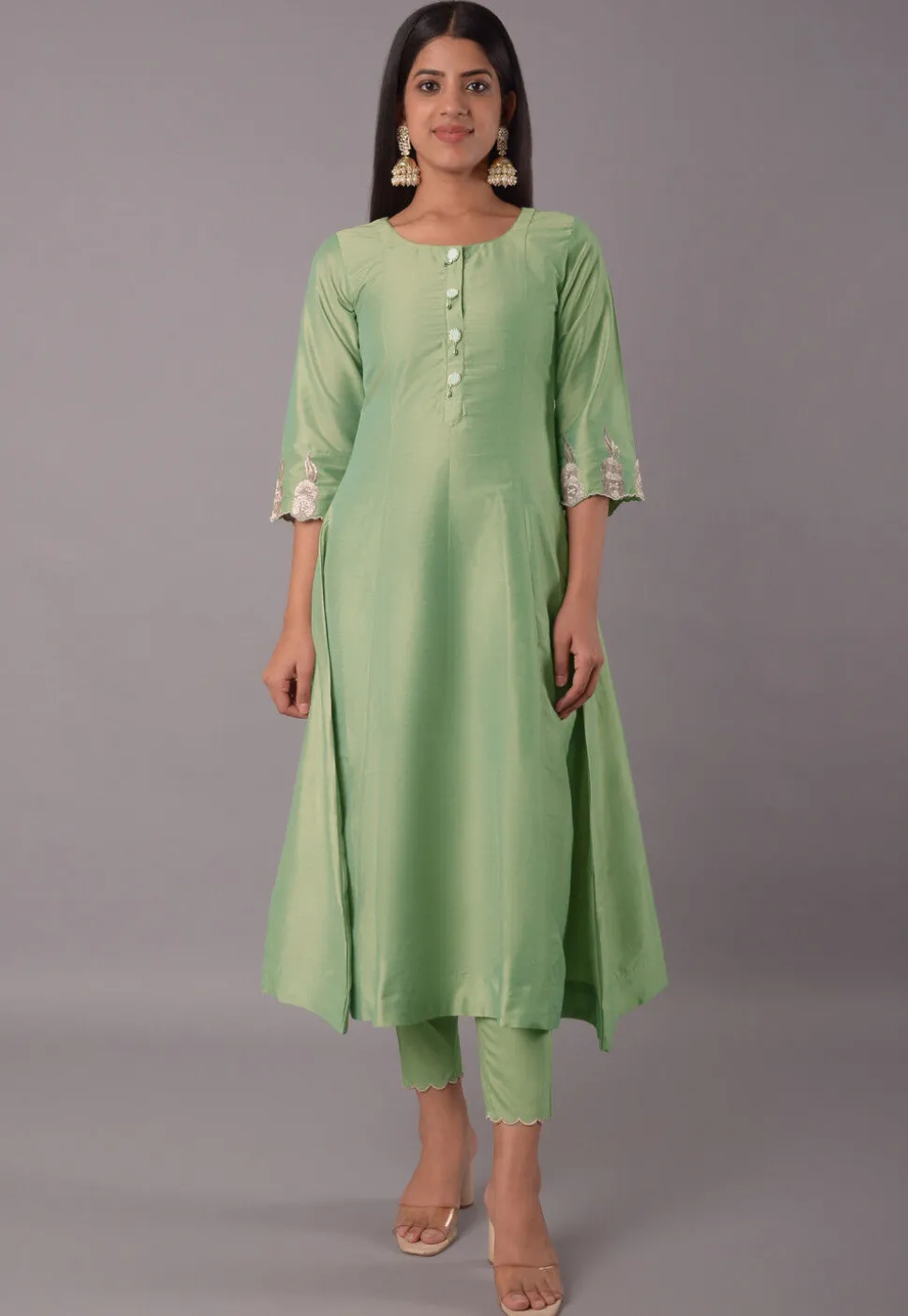 Embroidered Cotton Silk Pakistani Suit in Light Green