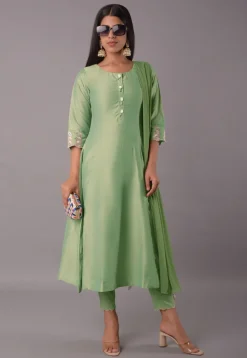 Embroidered Cotton Silk Pakistani Suit in Light Green