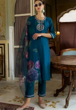 Embroidered Cotton Silk Pakistani Suit in Teal Blue