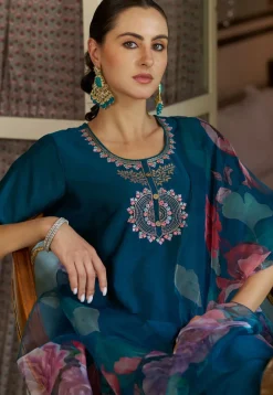 Embroidered Cotton Silk Pakistani Suit in Teal Blue