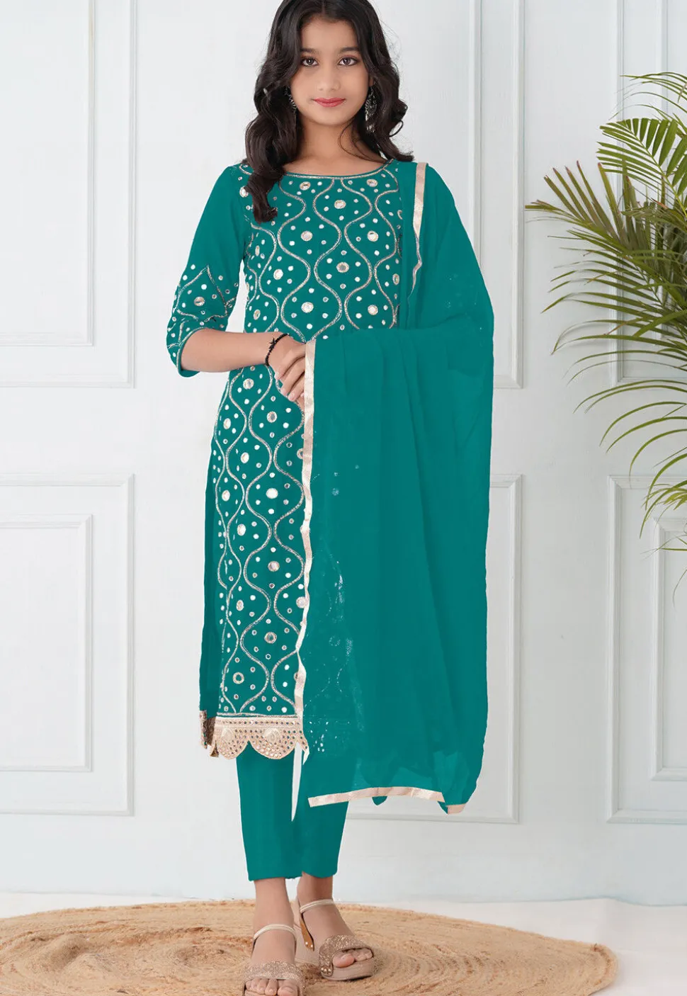 Embroidered Cotton Silk Pakistani Suit in Teal Green